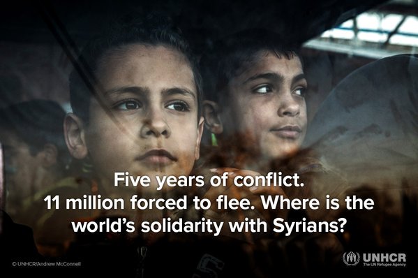 UN's tweet photo. 5 yrs of conflict. 11m forced to flee. @Refugees ask where is the solidarity #withSyria? https://t.co/3IgvYIQla1 https://t.co/xQasKYfFM4