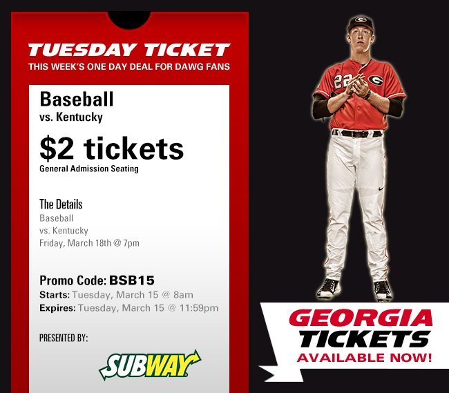 Get your $2 Tuesday Ticket for the <a href="/BaseballUGA/">Georgia Baseball</a> SEC opener vs. Kentucky!
>> gado.gs/promo