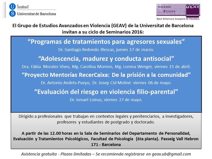 GEAV_UB's tweet photo. Ciclo de Seminarios del Grupo de Estudios Avanzados en Violencia en la @UniBarcelona https://t.co/UL4cmeYUiR