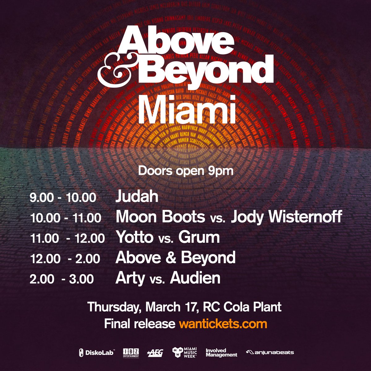 aboveandbeyond's tweet photo. Set times for Thursday night in #Miami. 
The @judahofficial lads are joining us to!
Tix: https://t.co/8luQurplVU https://t.co/Bin6lihvB8