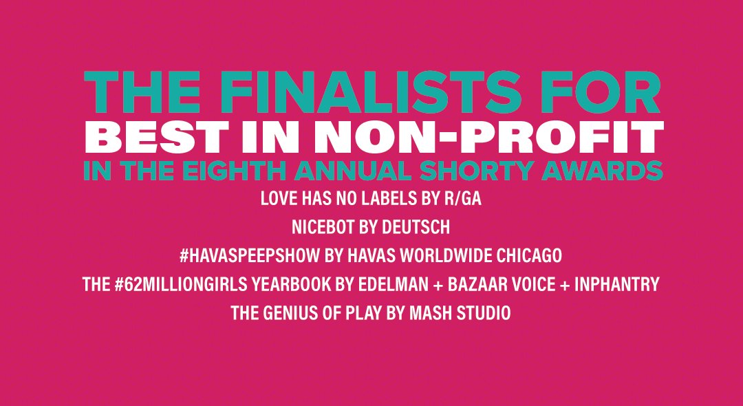 shortyawards's tweet photo. Best in Non-Profit 🌏 
@RGA
@DeutschInc 
@HavasWWChicago
@Edelman + @Bazaarvoice + @inphantry
@MashStudioNYC
(2/2) https://t.co/LURQA7q4JK