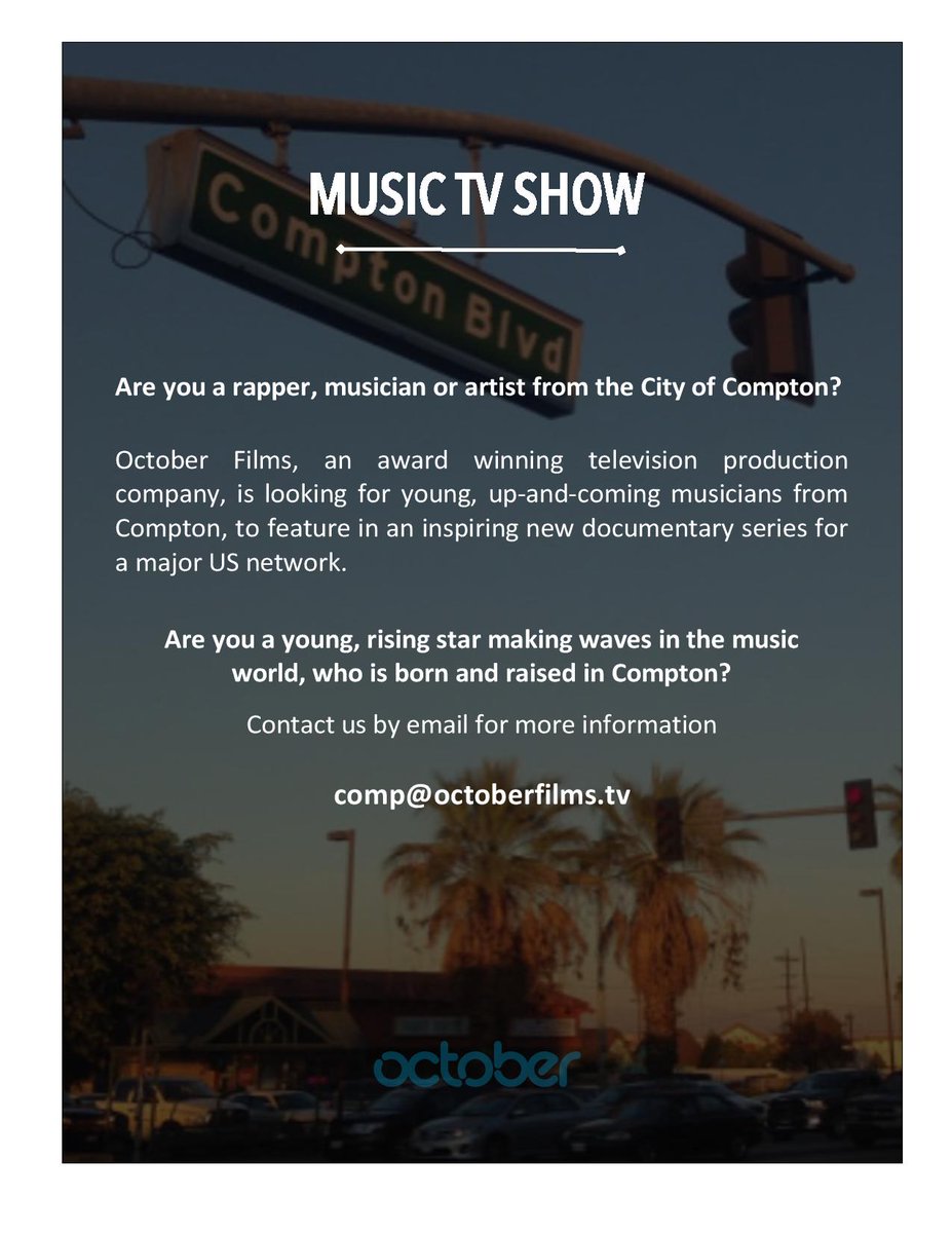 @dynastiirossnow Pls RT! CASTING: Are you a young rapper, musician or artist from the City of COMPTON? Get in touch!
