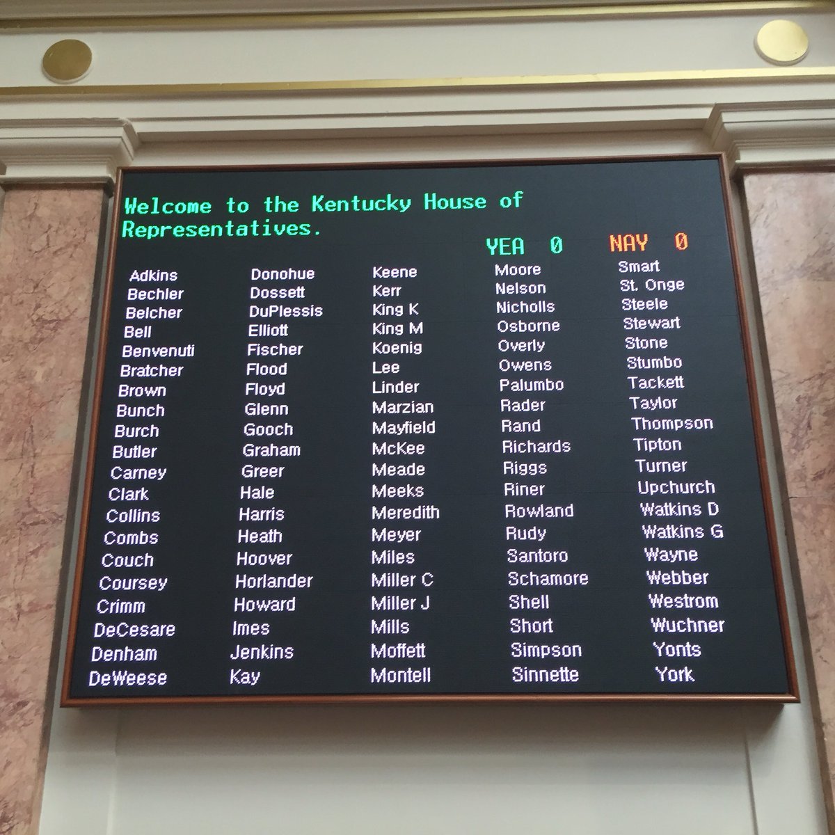 kyhousedems's tweet photo. Chief Clerk Jean Burgin updates vote board to incl new members: Rep. Nicholls, Rep. Tackett, Rep. Taylor. #kyga16 https://t.co/dAXn4IBOiC