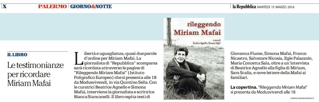 AdrianaFalsone's tweet photo. "Rileggendo Miriam Mafai" da @ModusvivendiB alle 18  @GipeLibri @BStancanelli @CasaLettori @Palermer @Si24it https://t.co/piYn3RWria