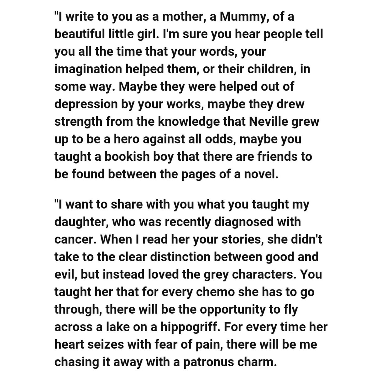 TheHPfacts's tweet image. Mum of young cancer patient writes a heartwarming thank you letter to JK Rowling. ❤