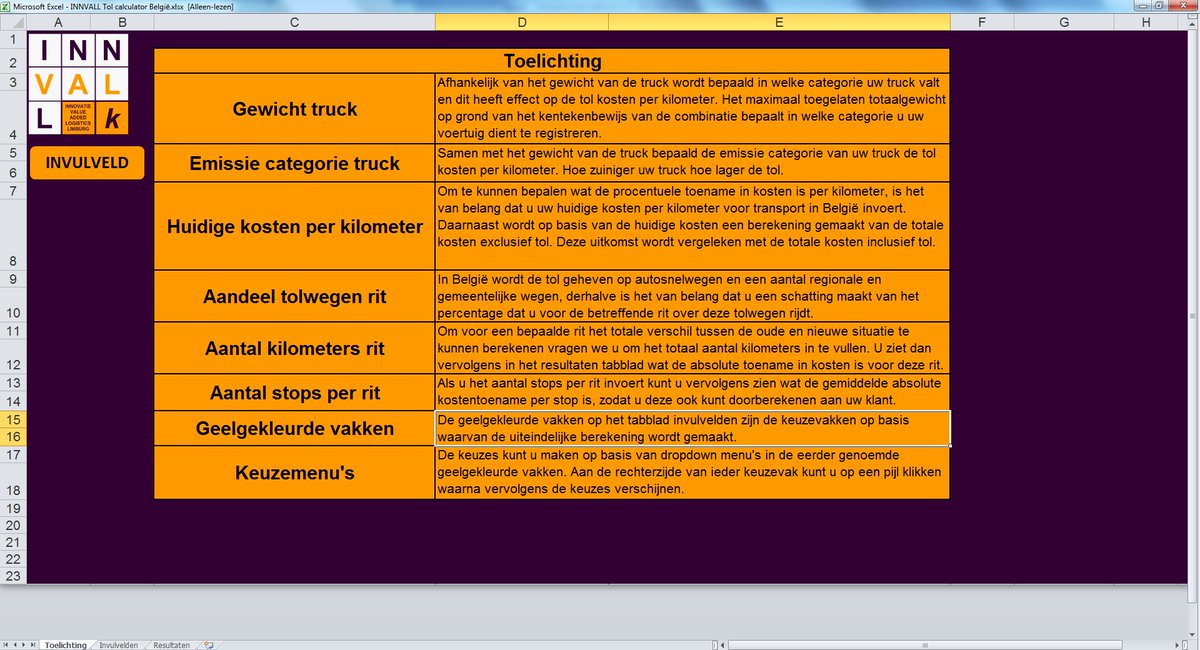 Handige eenvoudige calculatortool ontwikkeld voor inzicht in effecten/kosten tol België. innvall.nl