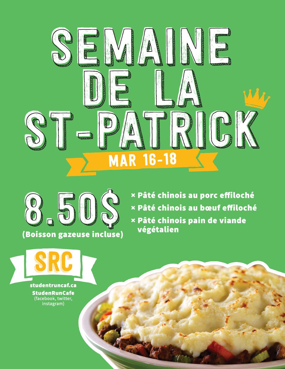 Happy #StPatricksDay everyone! Come celebrate with us, starting this Wednesday with some Shepard's Pie! #SRC #StPats