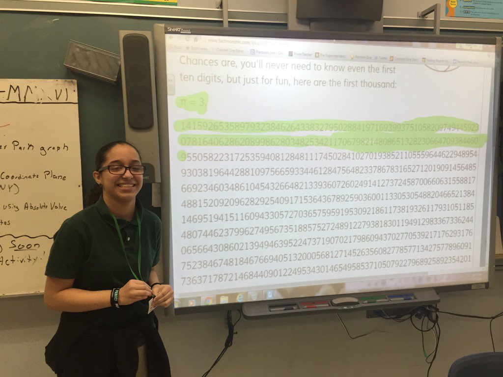 RNorrisGMS's tweet photo. Noelis just recited the first 130 digits of Pi from memory! Wow!! She only started to memorize them yesterday! https://t.co/a7qaeoXbIq