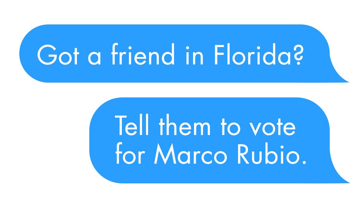 marcorubio's tweet photo. Florida votes today, &amp; YOU can help! Call or text a friend in Florida NOW &amp; tell them to #VoteForMarco. #FLPrimary https://t.co/2I49d5zIsa