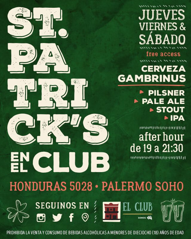 BarElClubOK's tweet photo. Jueves a Sábado, St Patrick's en #elclub #Pilsner #IPA #PaleAle #Stout by #GambrinusBrewers Happy hour de 19 a 21:30 https://t.co/37zoZBdGTk
