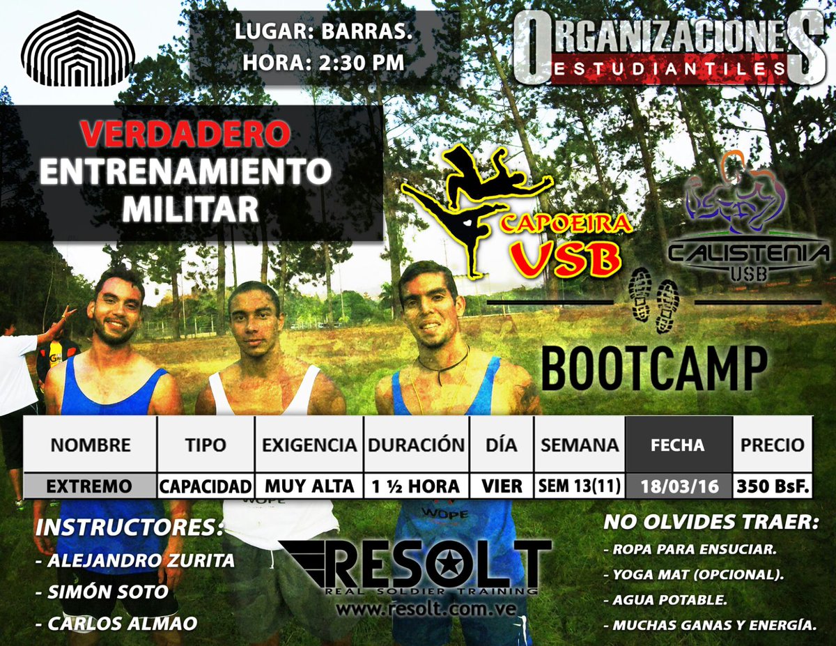 Capoeirausb's tweet photo. @Capoeirausb Y @CalisteniaUSB te invitan a participar en el Bootcamp de este viernes 18 de marzo. Te esperamos. https://t.co/eAjaLY2MdO