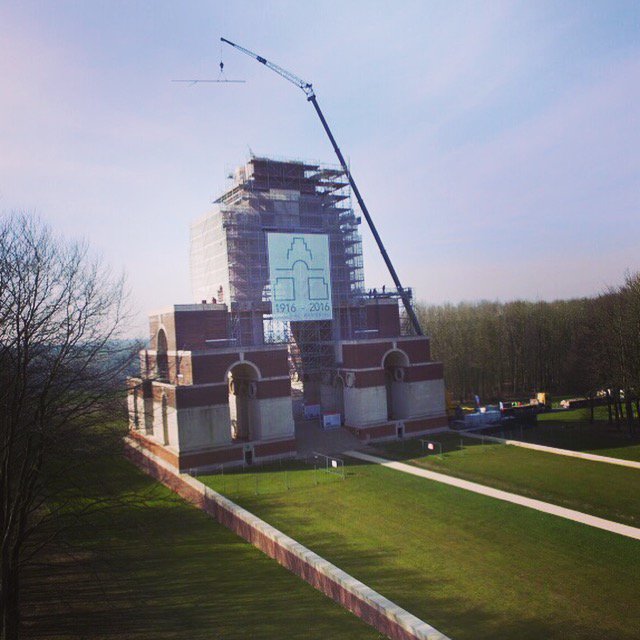 CWGC's tweet photo. Poignant moment as first new flagpole is lowered into place @CWGC Thiepval Memorial #Restoration #Somme100 https://t.co/XKyx6UIp5x