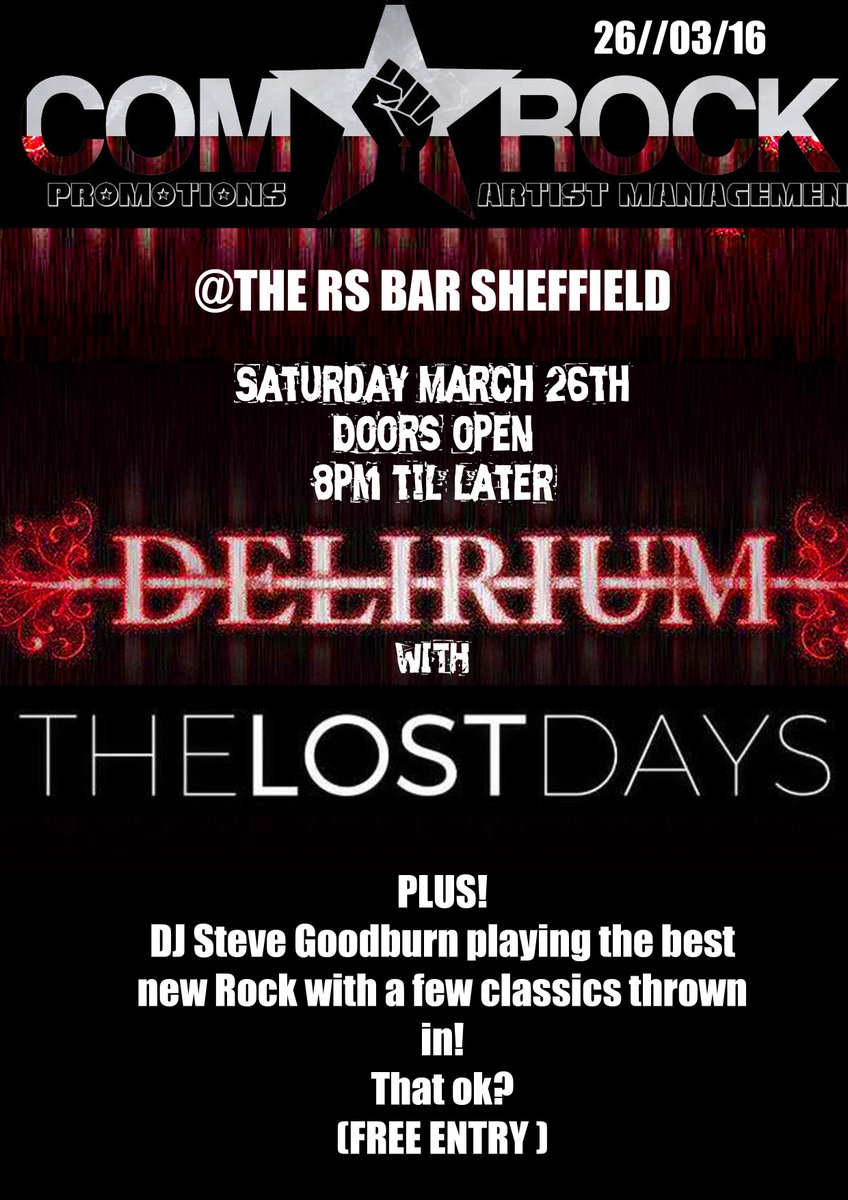 26/03/16 DELIRIUM <a href="/thersbar/">The Royal Standard</a> WITH @thelostdaysuk <a href="/Sheffield_Gigs/">Sheffield Gig Guide</a> <a href="/Sheffgiglisting/">Sheffield Gig Listin</a> <a href="/nightsoutSU/">Nights Out Sheffield</a> <a href="/sheffunsigned/">Sheffield Unsigned</a>