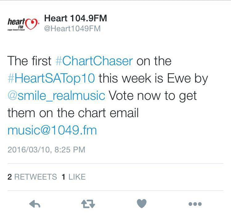smylband's tweet photo. #chartchaser on the #heartsatop10 this week is Ewe by @smile_realmusic. Vote "Smile" email music@1094.fm https://t.co/kQaGqvZsgF