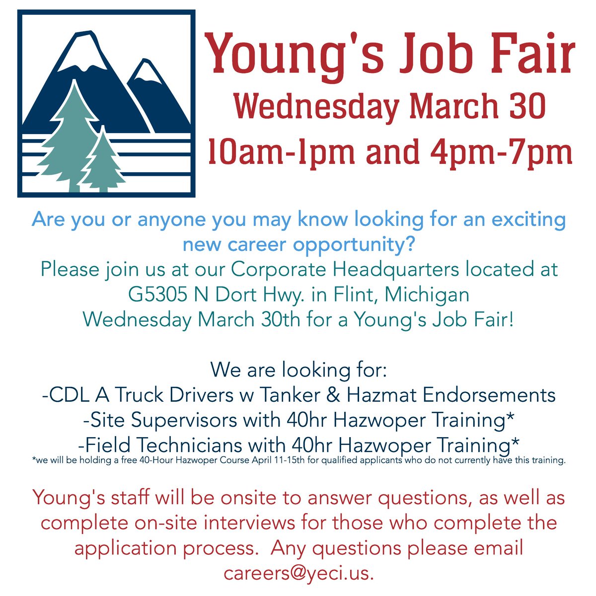 YoungsEnviro's tweet photo. We are hosting a #JobFair at our office located in #FlintMI on Wednesday March 30th! #DriversWanted #MIcareers #job https://t.co/ZwMJViXSpl