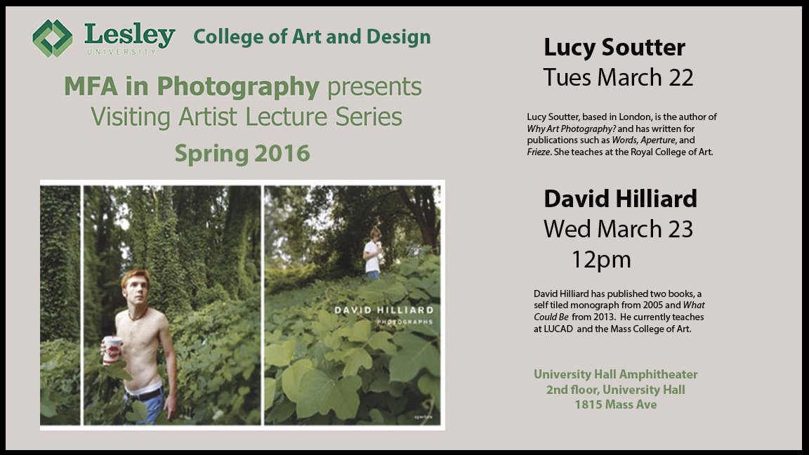 lesleyartdesign's tweet photo. Next week! #MFAPhoto presents Lucy Soutter & David Hilliard. Tuesday & Wednesday at 12 in U-hall #LUCADphotography https://t.co/UPLq7QtLYu