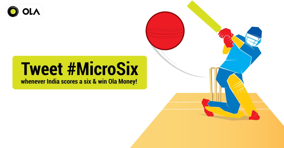 Olacabs's tweet photo. Hey Tweeps ! Tweet #MicroSix whenever India scores a six tonight and win Ola Money !! https://t.co/2TCOJPhx4L