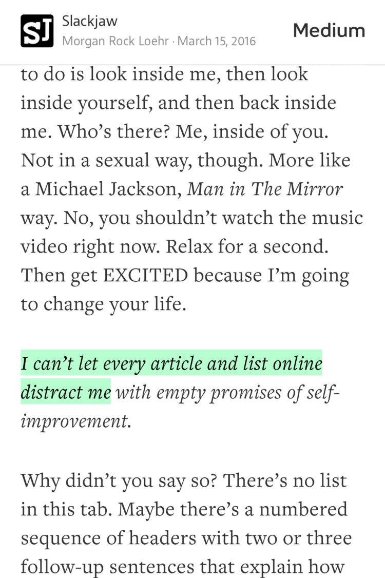 “I can’t let every article and list online distract me…” from “A Battle Between You And A Mysterious Browser Tab” by Morgan Rock Loehr.