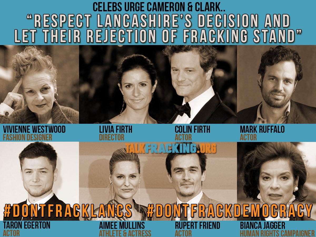 talkfracking's tweet photo. Celebs urge @David_Cameron &amp; @GregClarkMP #DontFrackLancs #DontFrackDemocracy https://t.co/uR1b0WRKpl #fracking RT https://t.co/1X6fBmbFG8