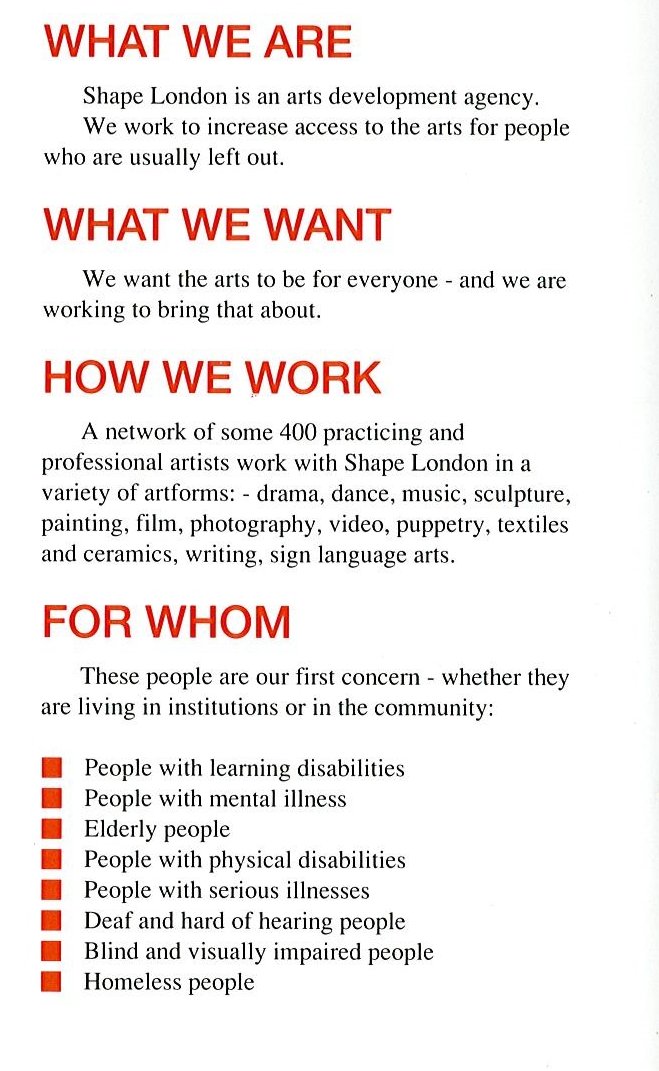 ShapeArts's tweet photo. From our archive - the @ShapeArts philosophy from the 1990s! #shapeat40 #artwithoutbarriers https://t.co/nA7Hnu031I