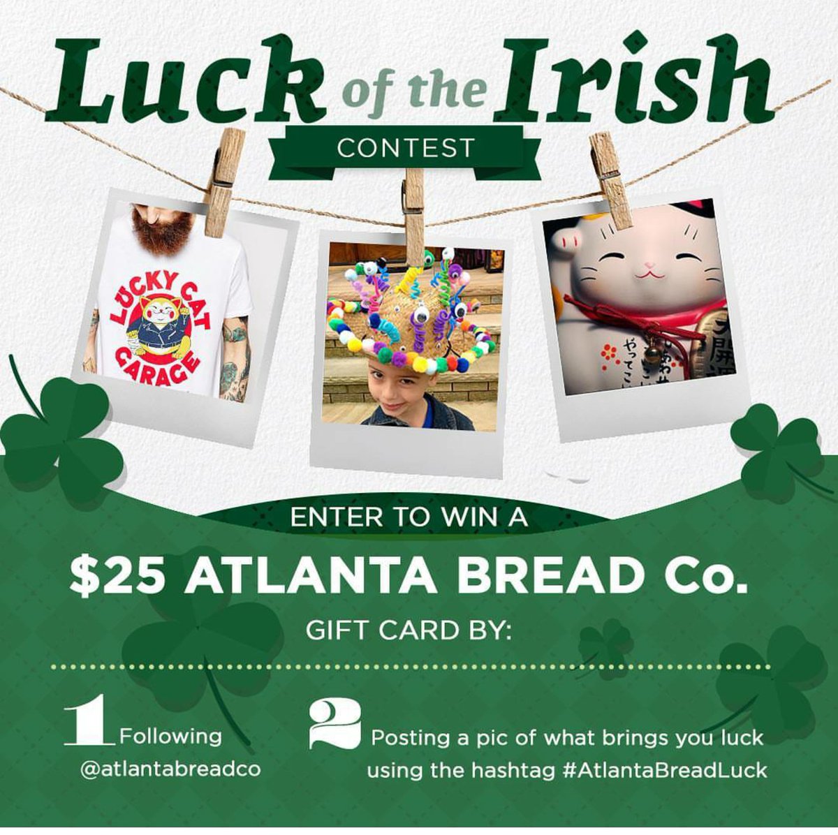 AtlantaBread's tweet photo. Tweet us a pic! U could win a $25 Atlanta Bread gift card. Use #AtlantaBreadLuck 2 enter. #StPatricksDay #contest https://t.co/gS8NfXPSP3