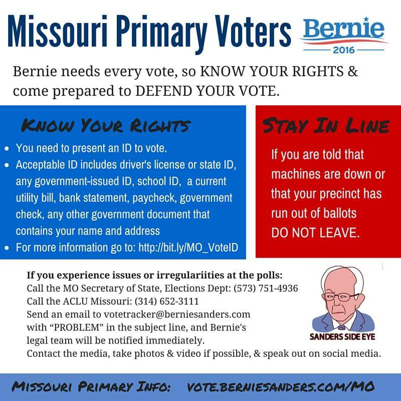 16feelthebern's tweet photo. #Missouri don't forget to get out and VOTE TODAY! 

#MissouriPrimary #BernieSanders #missouriforbernie #Bernie2016 https://t.co/3FZ3hO2hRo