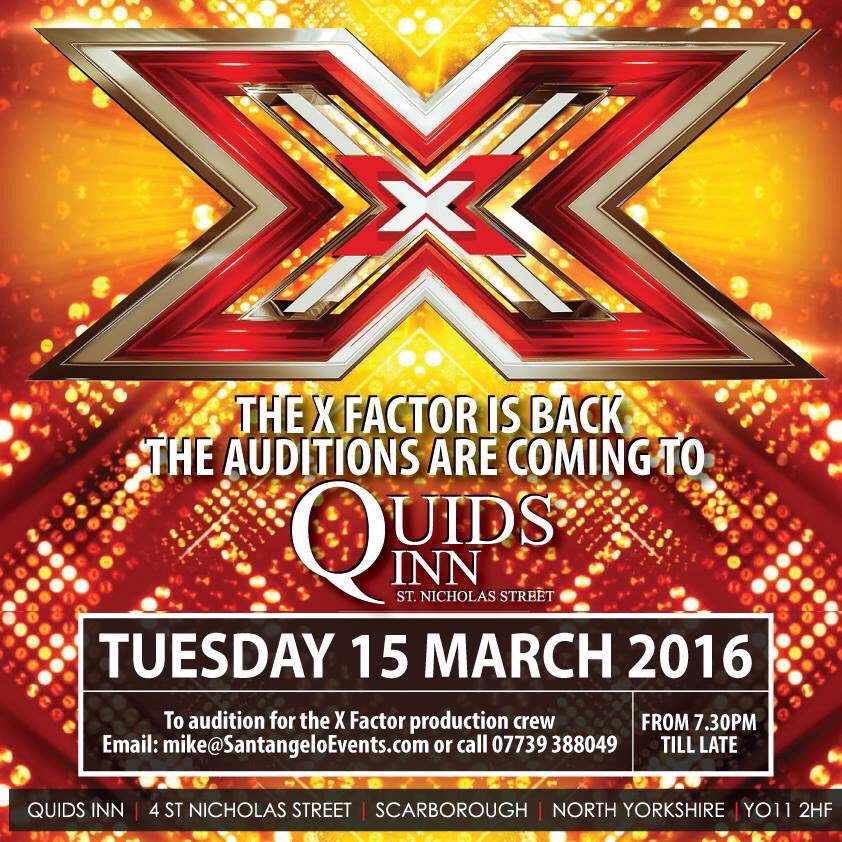 SAR_Events's tweet photo. The winner of @TheXFactor 2016 could be on stage tonight at @Quids_Inn @Scarborough_UK! Get involved. Free Entry. https://t.co/HwI1HFZWo1