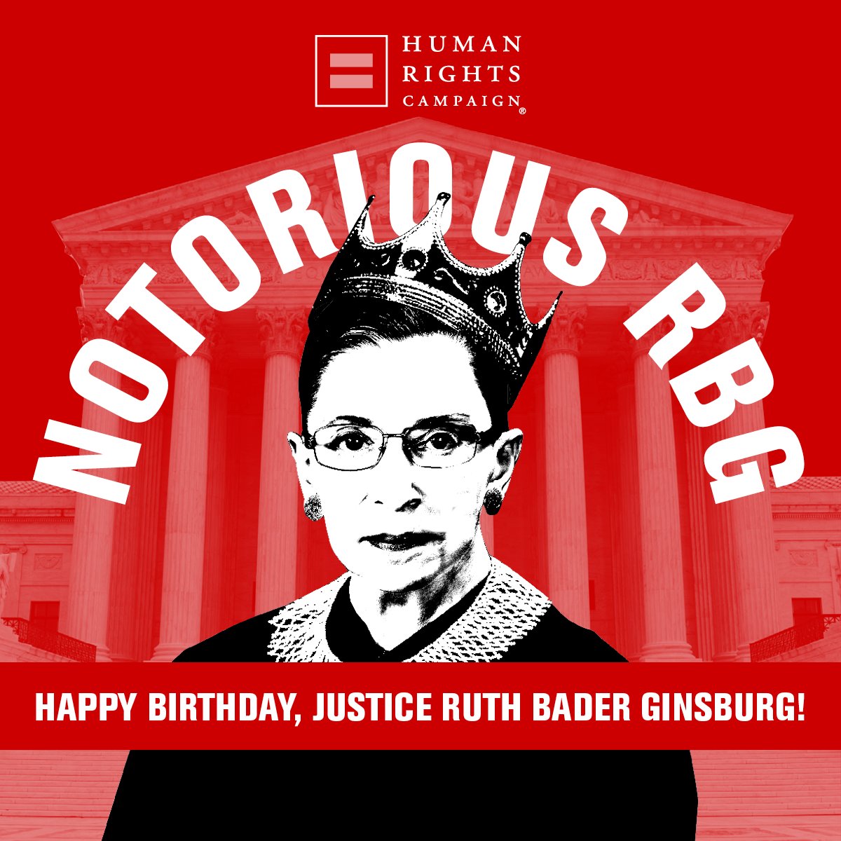 HRC's tweet image. Share now to wish Justice Ruth Bader Ginsburg a happy 83rd birthday! #NotoriousRBG