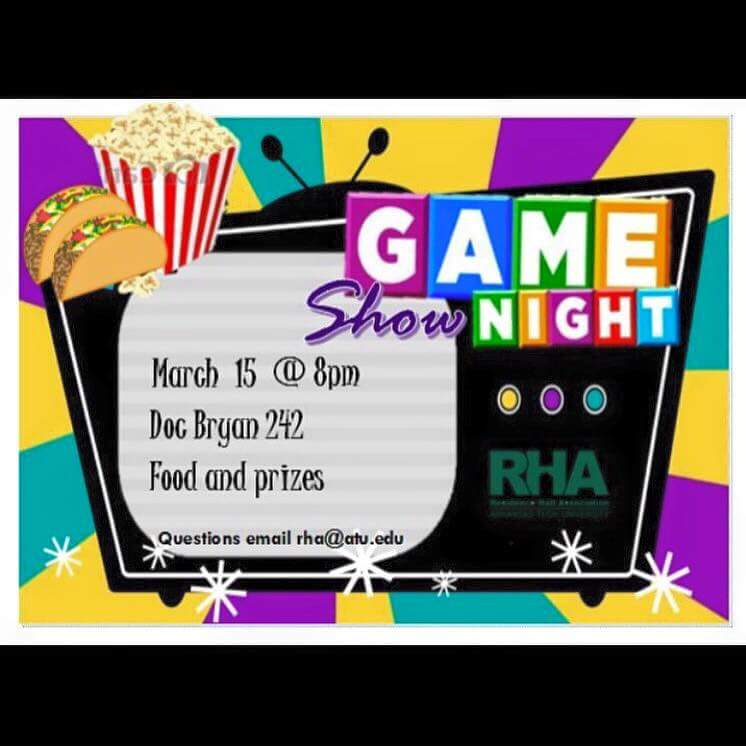 ATUCHT's tweet photo. Join #RHA for Game Show Night tonight at 8 in Doc Bryan 242! #CHT #ATU https://t.co/8reYD02ZOs