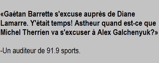 lordsbannisters's tweet photo. Des excuses pour Diane Lamarre. Bravo! Michel Therrien il s'excuse quand? Oui c'est vrai #NoExcuses #GoHabsGo #PLQ https://t.co/NV1jRTuF4o