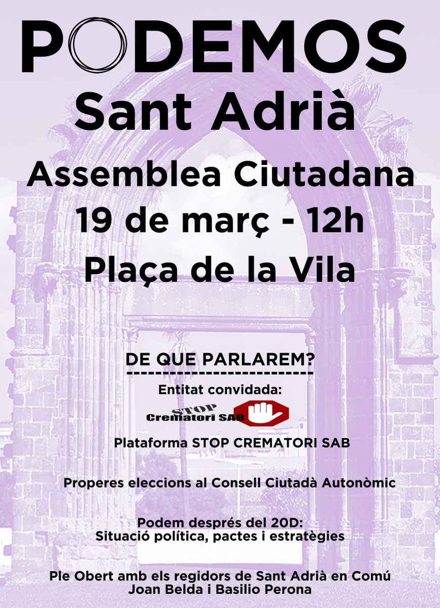 Asamblea ciudadana – Sábado 19 de marzo – 12h – Plaza de la Vila podemsantadria.info/asamblea-ciuda…