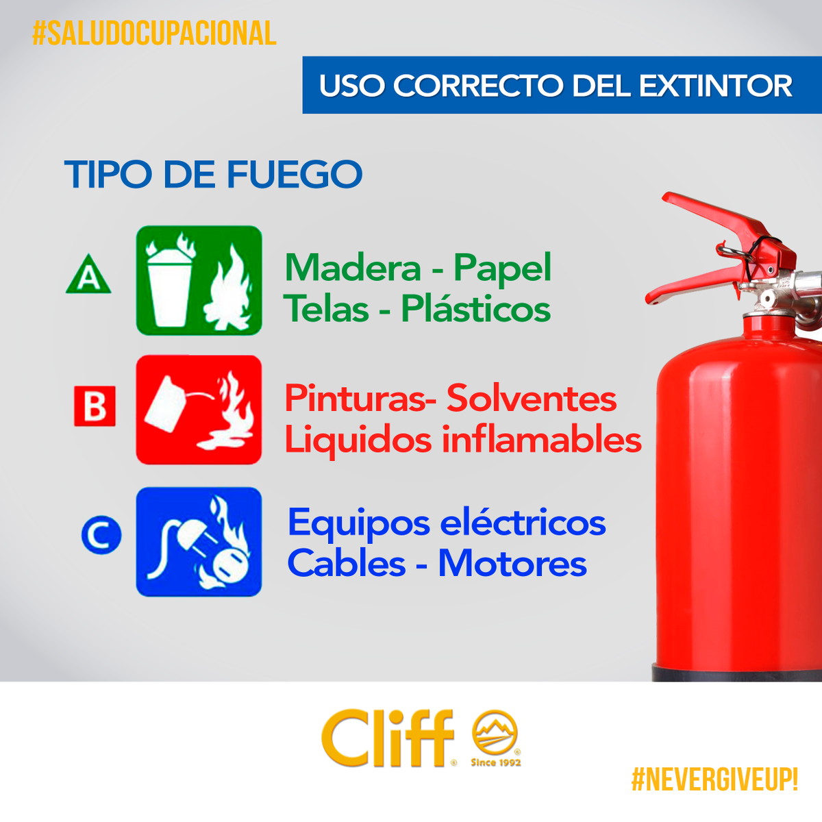 CliffSince1992's tweet photo. #SaludOcupacional Un extintor puede ayudar a controlar el inicio de un fuego. #ProcliffProtection #BuenMartes https://t.co/98AryBD41A