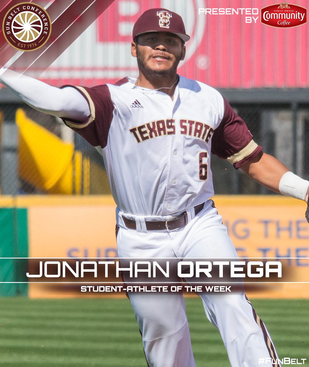 SunBelt's tweet photo. .500 avg, 8 runs, 4 2B, 4 Wins - @TxStateBaseball Jonathan Ortega @CommunityCoffee SAOtW.

https://t.co/Vc4dNHk05K https://t.co/MbU52VaMYt