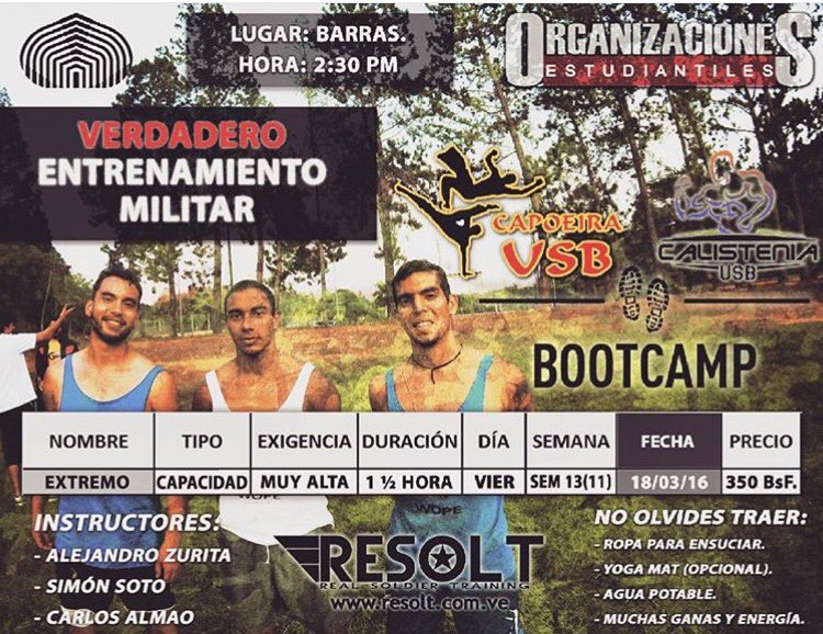 FCEUSB's tweet photo. Este VIER 18MAR habrá "Bootcamp" organizado por @Resolt_Camp, @Capoeirausb y @CalisteniaUSB. 2:30 p.m. #USBve https://t.co/VX84oS5gHb