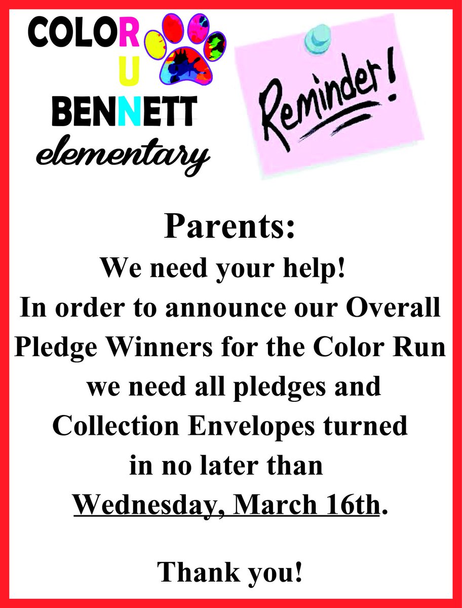 🐻🐾Friendly reminder <a href="/BennettBears/">Bennett Bears</a> Color Run pledge $$ is due tomorrow! #bennettes <a href="/RachelConstant/">R Constant</a>