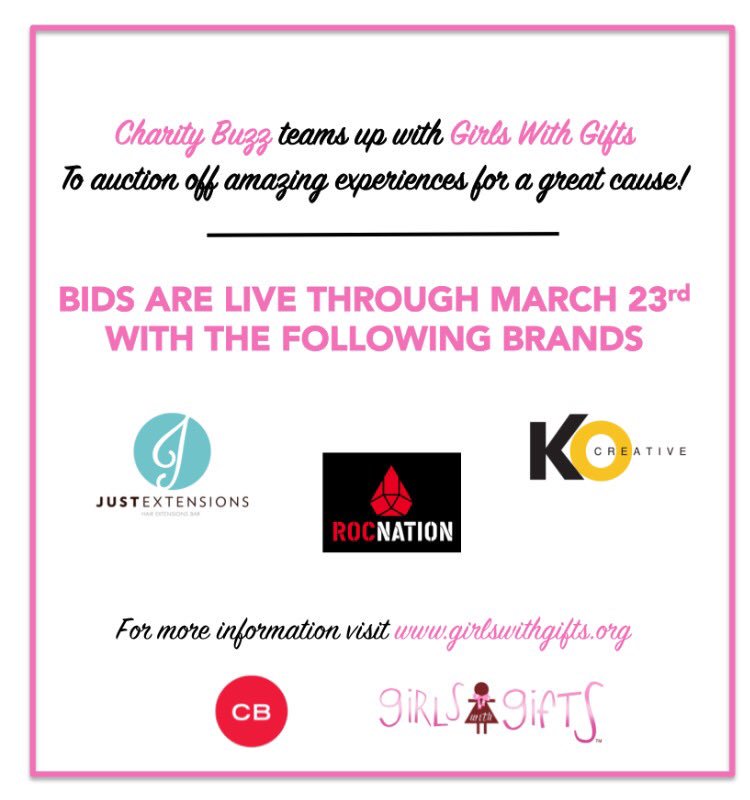 GirlsWithGifts's tweet image. Place your bids in today! bit.ly/1P4RGou #CharityBuzz #JustExtensions #KOCreative #RocNation #MatthewCherry