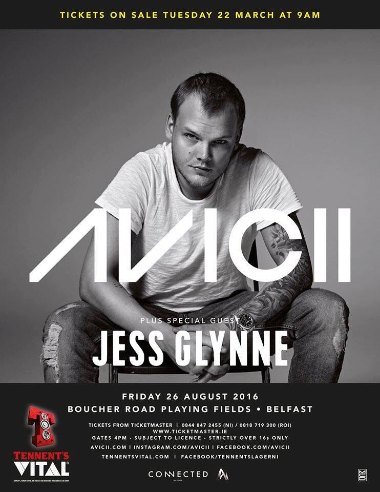 TenchuSports's tweet image. #Belfast @Avicii will headline #tennentsvital with @JessGlynne 26 Aug. 
Tix: 22 March @TicketmasterIre!
@AMMGMedia