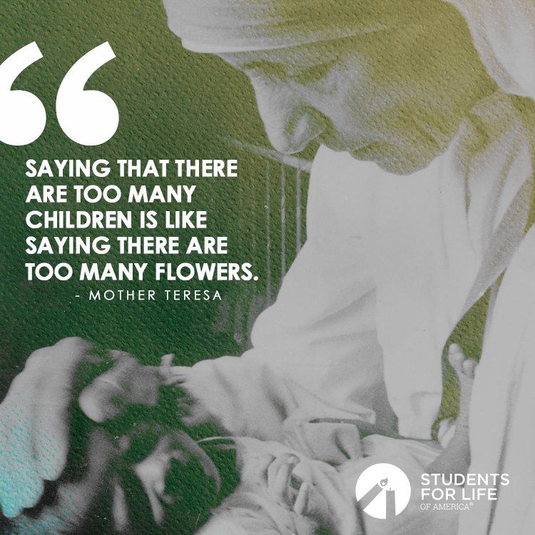 StudentsforLife's tweet photo. "Saying that there are too many children is like saying there are too many flowers." - #MotherTeresa https://t.co/t2RawzEbgU