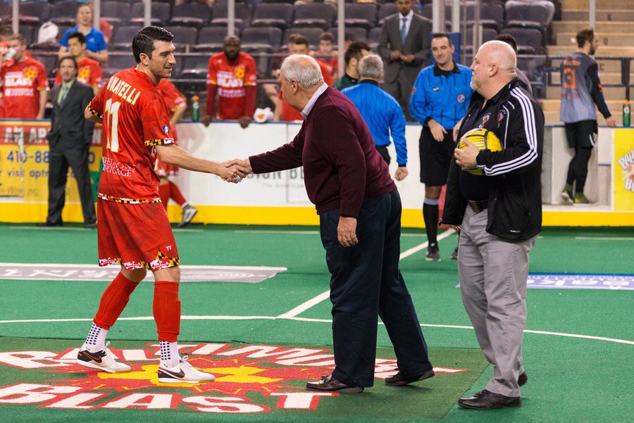 RecNParks's tweet photo. Don Salamone does opening kick @BaltimoreBlast game. Don recently retired after serving BCRP 40+ years #RecMatters https://t.co/9xH7tYjBdK