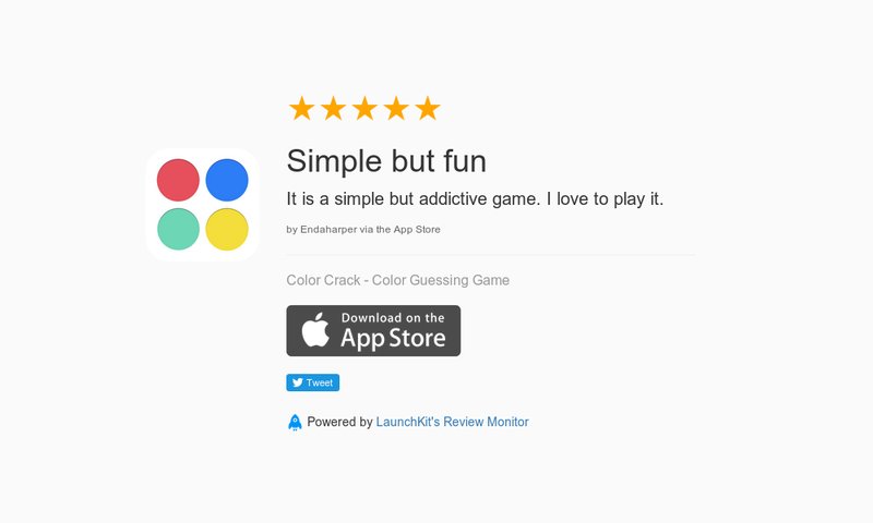 ColorCrack's tweet image. 5 Star Review: "Simple but fun: It is a simple but addictive game. I love to play it." launchkit.io/reviews/uIncxw…