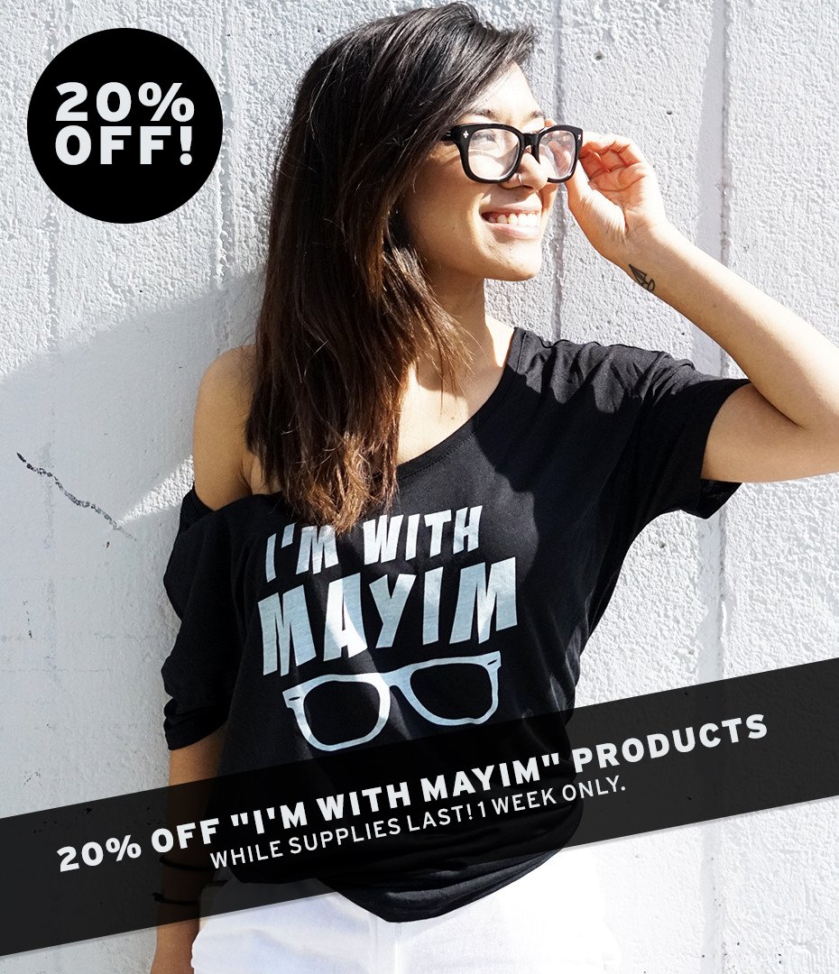 missmayim's tweet photo. Get 20% off ALL #ImwithMayim @groknation merch items from 3/15-3/22 only! Online store here: https://t.co/GMO2WhFGfl https://t.co/gb4nI9Kq51