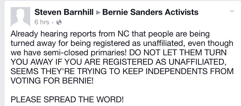 itwaschris's tweet image. If you're unaffiliated in NC they can't stop you from voting #Bernie2016 #NorthCarolinaPrimary #Hillarycheated #dems