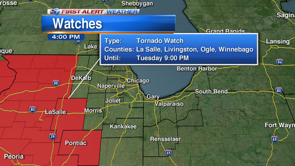 TroyABC7's tweet photo. Tornado Watch is in effect until 9 pm for LaSalle &amp; Livingston counties.Most of us won't see storms until after 9 pm https://t.co/JjKdNIjjTX