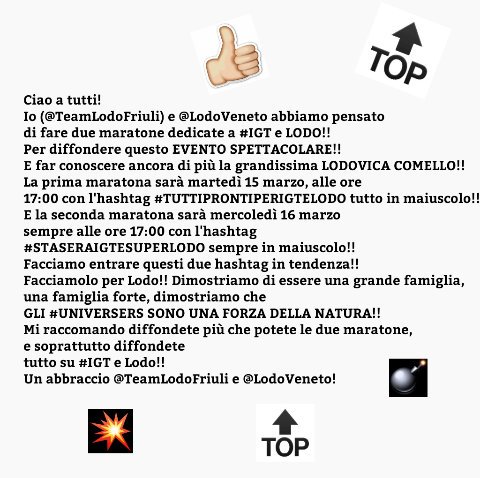 TeamLodoFriuli's tweet photo. DOMANI UN'ALTRA SUPER MARATONA! #STASERAIGTESUPERLODO SEMPRE ALLE 17:00! FACCIAMO ENTRARE ANCHE QUESTO IN TT!! #IGT💥 https://t.co/0TJAaUhwnY