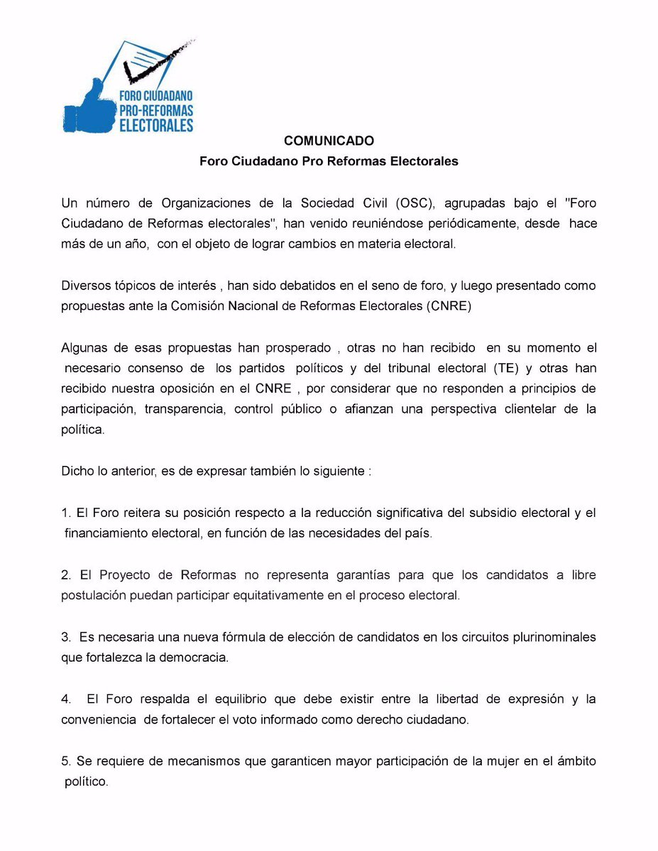 JuventudesRE's tweet photo. El @ForoProReformas publica comunicado sobre actual proceso de Reformas Electorales. #ReformasParaTodos https://t.co/kaH3D8EP5R
