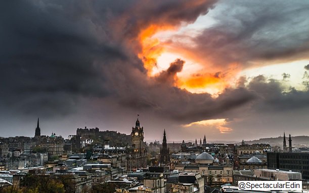 bbcweather's tweet photo. 'Dragon' spotted over Edinburgh! Incredible photo of the city skyline at #sunset, taken by Tom Foster. Lan https://t.co/57ZMHDCh1Y