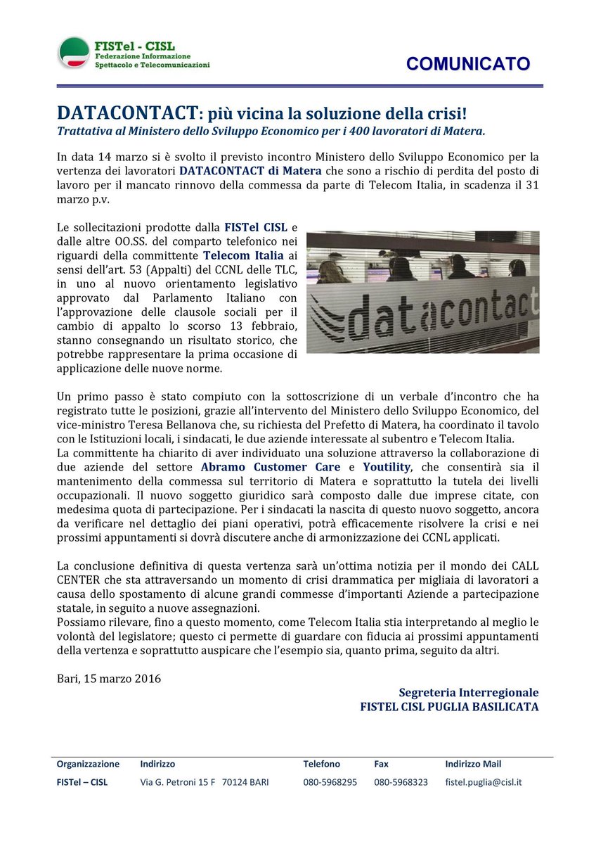 FistelcislPug's tweet photo. #Datacontact : più vicina la soluzione della crisi! -  Trattativa al @MinSviluppo per i 400 lavoratori di #Matera https://t.co/vfqXizEdHs