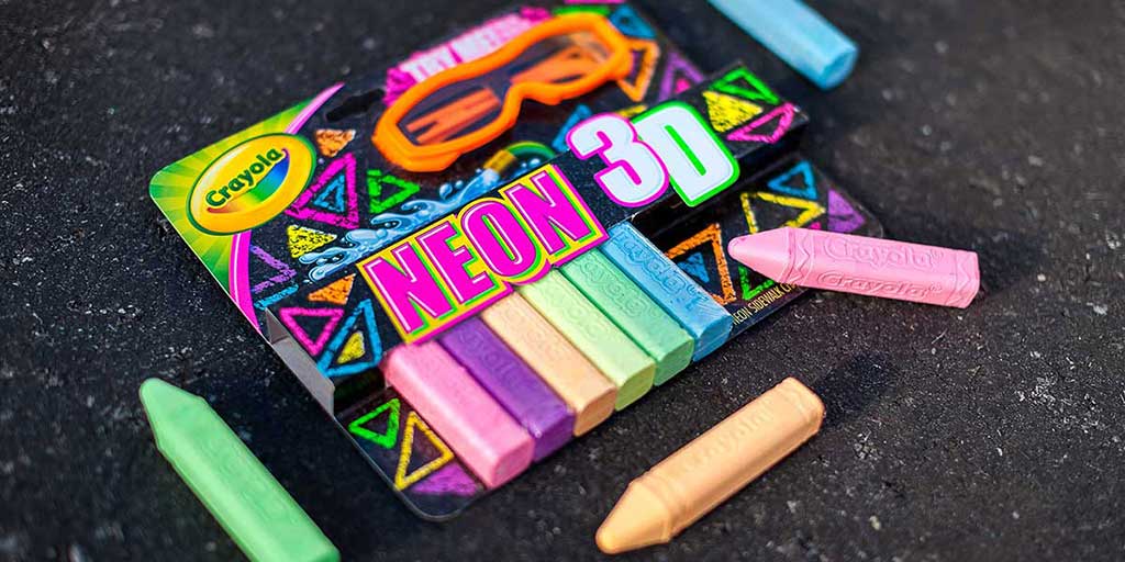 Crayola's tweet photo. Watch your blazing neon creations pop right off the ground with NEW Neon 3D sidewalk chalk! https://t.co/6CeqdVTEuF https://t.co/wq1bARztQd