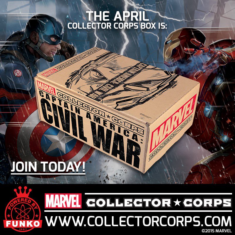 Funko's tweet photo. RT &amp; follow @funko for the chance to win a Civil War box from @CollectorCorps! https://t.co/Dg7nnAocYx