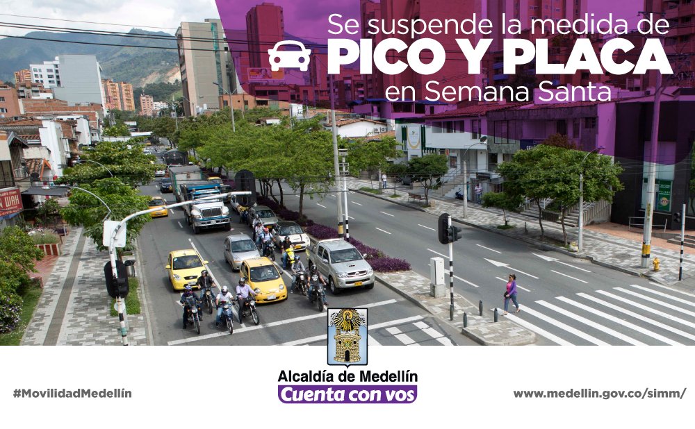 movilidad_med's tweet photo. ¡Atento! Durante Semana Santa estará suspendida la medida de #PicoyPlacaMed. https://t.co/7qYa3aBthS https://t.co/j2M8ezMS3q